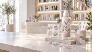 Αυτοκόλλητες ετικέτες καλλυντικών και stickers με pastel botanical σχέδια σε πάγκο καταστήματος ομορφιάς – Blueprint.gr