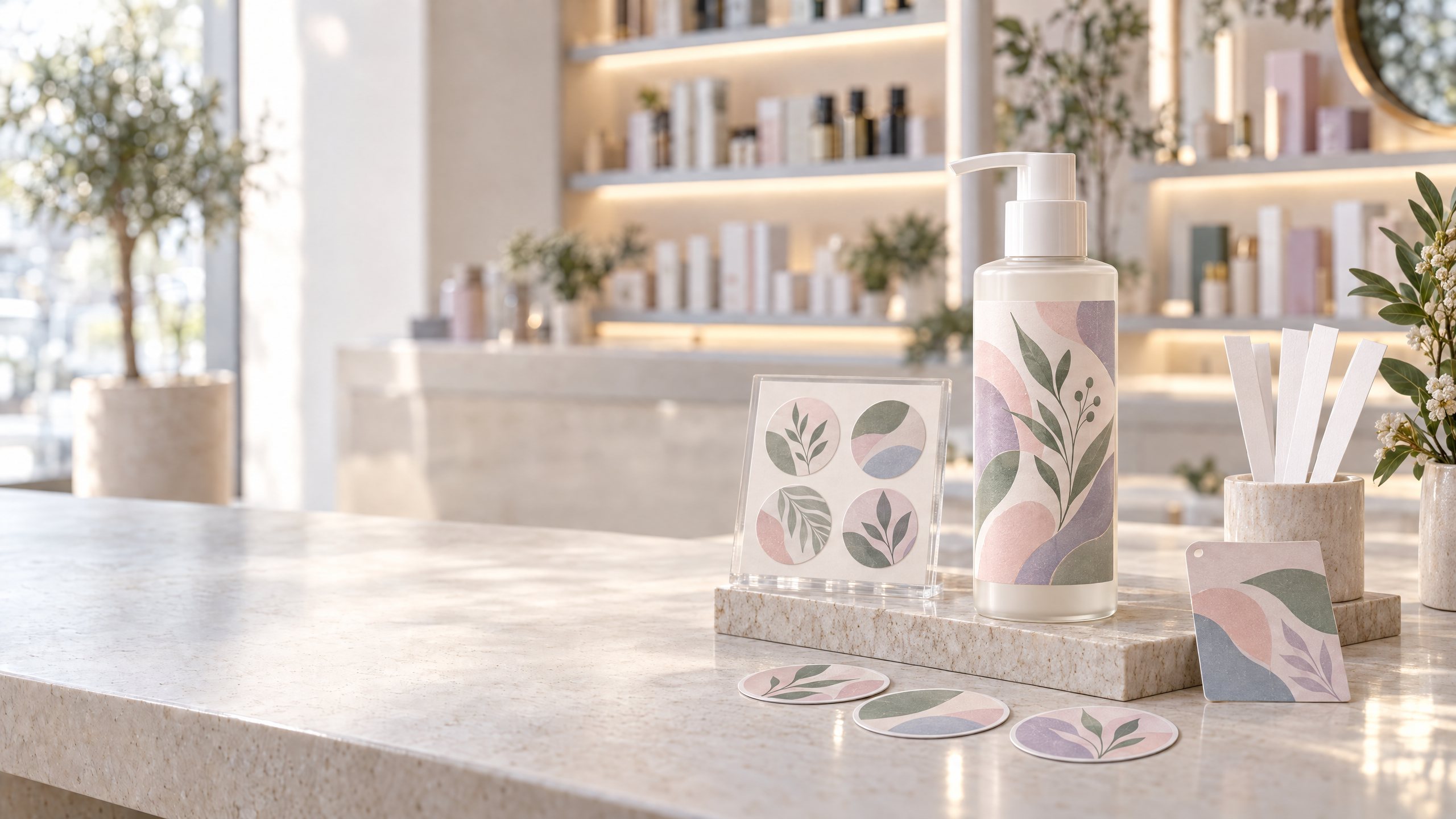 Αυτοκόλλητες ετικέτες καλλυντικών και stickers με pastel botanical σχέδια σε πάγκο καταστήματος ομορφιάς – Blueprint.gr