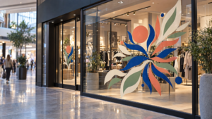 Αυτοκόλλητο βιτρίνας με πολύχρωμα floral γραφικά σε τζαμαρία καταστήματος ρούχων – Blueprint.gr
