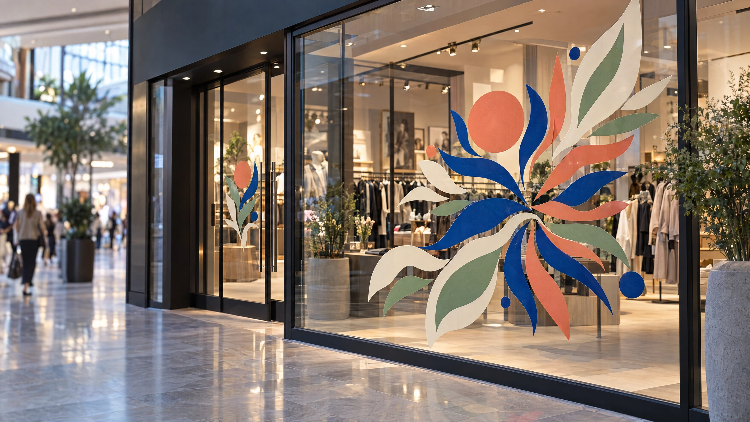 Αυτοκόλλητο βιτρίνας με πολύχρωμα floral γραφικά σε τζαμαρία καταστήματος ρούχων – Blueprint.gr