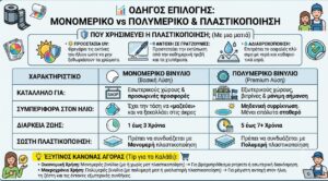 Infographic σύγκρισης μονομερικού και πολυμερικού αυτοκόλλητου βινυλίου και ρόλος της πλαστικοποίησης – Blueprint.gr