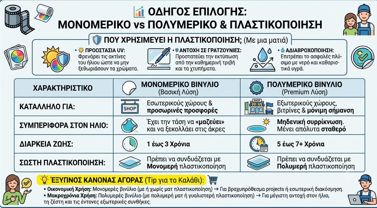 Infographic σύγκρισης μονομερικού και πολυμερικού αυτοκόλλητου βινυλίου και ρόλος της πλαστικοποίησης – Blueprint.gr