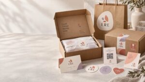 Κουτί αποστολής e-shop με custom αυτοκόλλητα ευχαριστίας, ταινία σφράγισης και κάρτες QR – Blueprint.gr